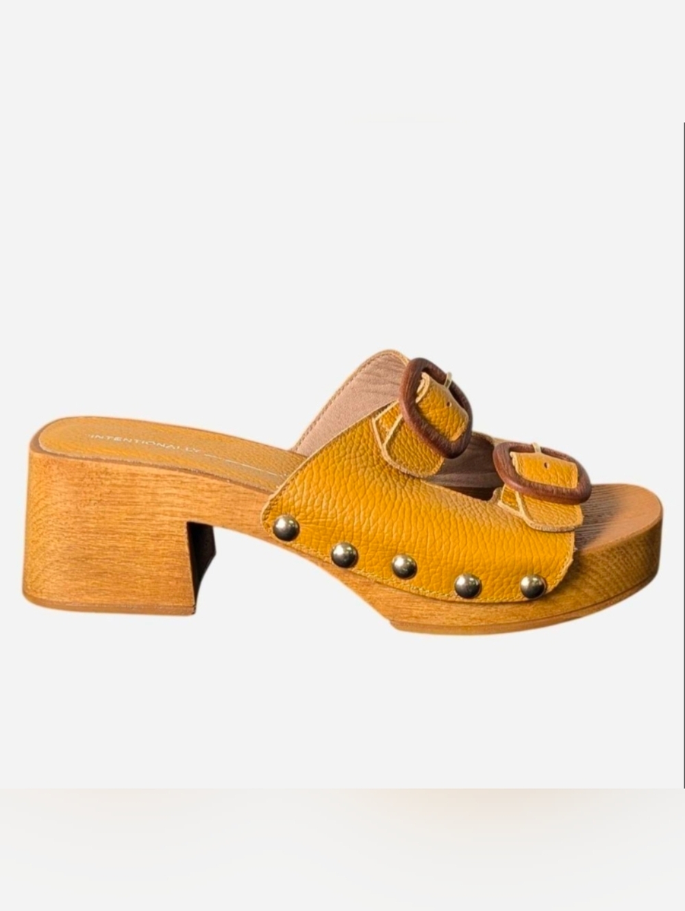 Intentionally Blank mustard yellow leather daisy mule with studded  size 9